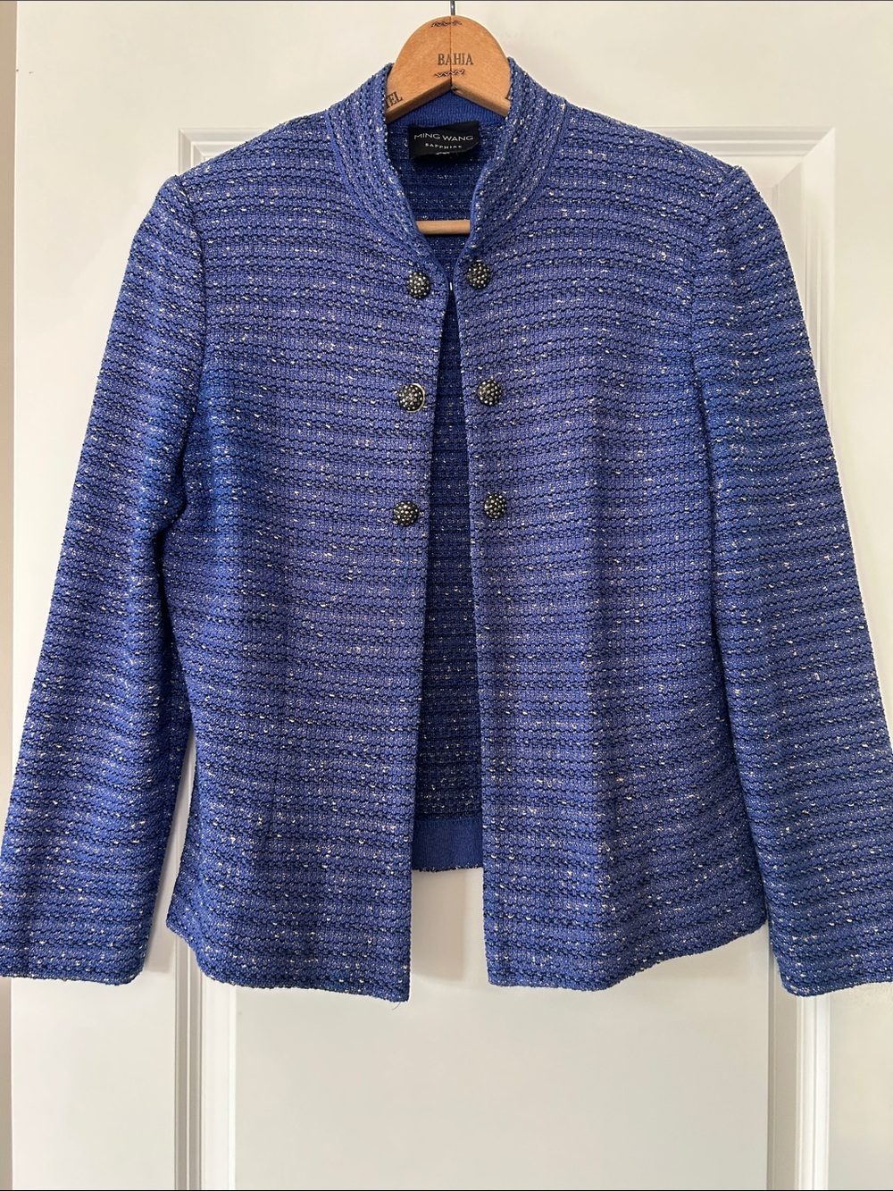 Ming Wang Sapphire Cardigan/Knit Jacket Sz M w MEASUREMENTS Open Front Metallic